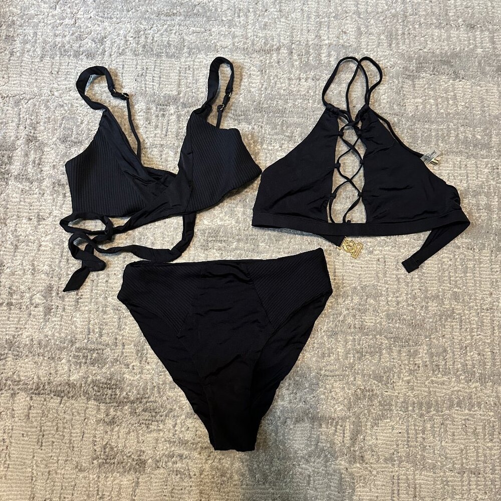 Beach Bunny 3-pc swimwear skylar wrap Halter Swim top High Waist bottom black